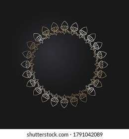 Decorative openwork round frame with gold abstract pattern on black background. Circular ornament. An elegant element for design. Vector.
