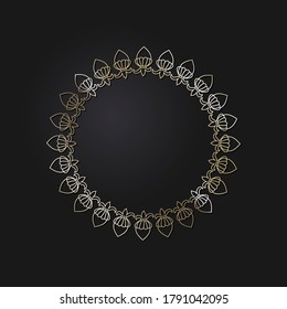 Decorative openwork round frame with gold abstract pattern on black background. Circular ornament. An elegant element for design. Vector.