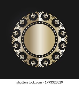 Decorative openwork round frame with gold abstract pattern on black background. Circular ornament. An elegant element for design. Vector.