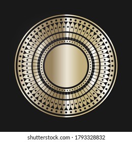 Decorative openwork round frame with gold abstract pattern on black background. Circular ornament. An elegant element for design. Vector.