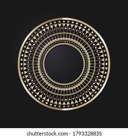 Decorative openwork round frame with gold abstract pattern on black background. Circular ornament. An elegant element for design. Vector.