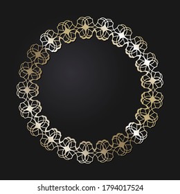 Dekorativer, runder Rahmen mit goldenem abstraktem Muster auf schwarzem Hintergrund. Rundschmuck. Ein elegantes Design-Element. Vektorgrafik.