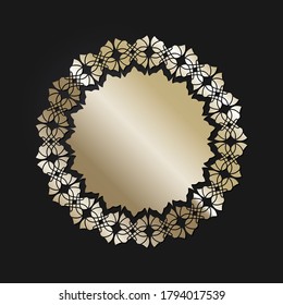 Decorative openwork round frame with gold abstract pattern on black background. Circular ornament. An elegant element for design. Vector.