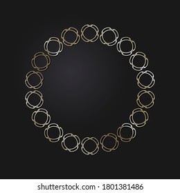 Decorative openwork round frame with gold abstract pattern on black background. Circular ornament. An elegant element for design. Vector.