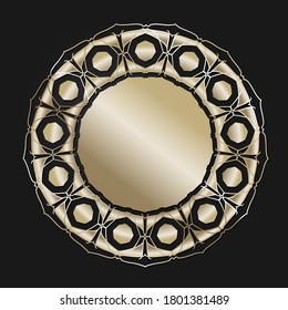 Decorative openwork round frame with gold abstract pattern on black background. Circular ornament. An elegant element for design. Vector.