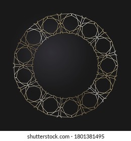 Dekorativer, runder Rahmen mit goldenem abstraktem Muster auf schwarzem Hintergrund. Rundschmuck. Ein elegantes Design-Element. Vektorgrafik.