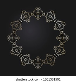 Decorative openwork round frame with gold abstract pattern on black background. Circular ornament. An elegant element for design. Vector.