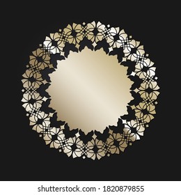 Decorative openwork round frame with gold abstract pattern on black background. Circular ornament. An elegant element for design. Vector.