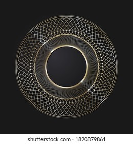 Decorative openwork round frame with gold abstract pattern on black background. Circular ornament. An elegant element for design. Vector.