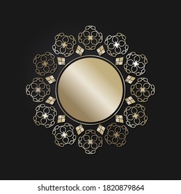 Decorative openwork round frame with gold abstract pattern on black background. Circular ornament. An elegant element for design. Vector.