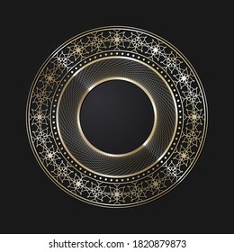 Decorative openwork round frame with gold abstract pattern on black background. Circular ornament. An elegant element for design. Vector.