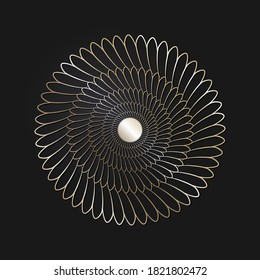 Decorative openwork round frame with gold abstract pattern on black background. Circular ornament. An elegant element for design. Vector.