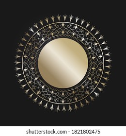 Decorative openwork round frame with gold abstract pattern on black background. Circular ornament. An elegant element for design. Vector.