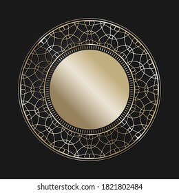 Decorative openwork round frame with gold abstract pattern on black background. Circular ornament. An elegant element for design. Vector.