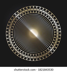 Decorative openwork round frame with gold abstract pattern on black background. Circular ornament. An elegant element for design. Vector.