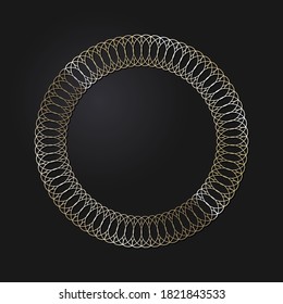 Decorative openwork round frame with gold abstract pattern on black background. Circular ornament. An elegant element for design. Vector.