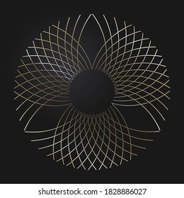 Decorative openwork round frame with gold abstract pattern on black background. Circular ornament. An elegant element for design. Vector.