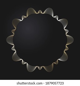 Marco redondeado decorativo de apertura con patrón oro abstracto sobre fondo negro. Ornamento circular. Un elemento elegante para el diseño. Vector.