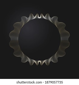 Decorative openwork round frame with gold abstract pattern on black background. Circular ornament. An elegant element for design. Vector.