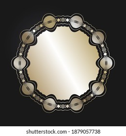 Decorative openwork round frame with gold abstract pattern on black background. Circular ornament. An elegant element for design. Vector.