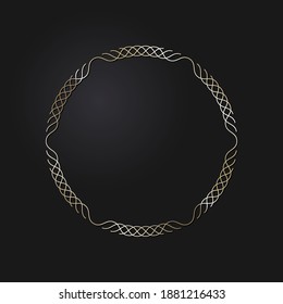 Decorative openwork round frame with gold abstract pattern on black background. Circular ornament. An elegant element for design. Vector.