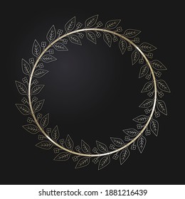 Decorative openwork round frame with gold abstract pattern on black background. Circular ornament. An elegant element for design. Vector.