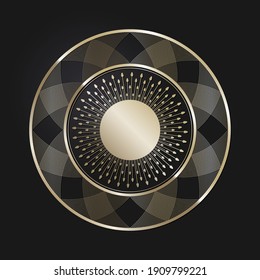 Decorative openwork round frame with gold abstract pattern on black background. Circular ornament. An elegant element for design. Vector.