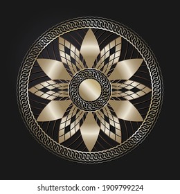 Decorative openwork round frame with gold abstract pattern on black background. Circular ornament. An elegant element for design. Vector.