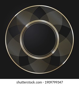 Decorative openwork round frame with gold abstract pattern on black background. Circular ornament. An elegant element for design. Vector.