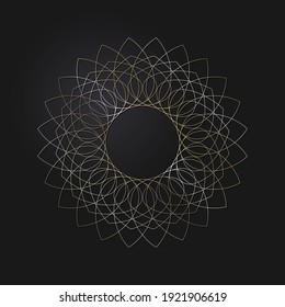 Marco redondeado decorativo de apertura con patrón oro abstracto sobre fondo negro. Ornamento circular. Un elemento elegante para el diseño. Vector.