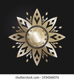 Decorative openwork round frame with gold abstract pattern on black background. Circular ornament. An elegant element for design. Vector.