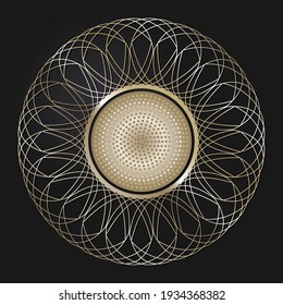 Decorative openwork round frame with gold abstract pattern on black background. Circular ornament. An elegant element for design. Vector.
