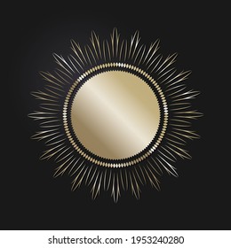 Decorative openwork round frame with gold abstract pattern on black background. Circular ornament. An elegant element for design. Vector.