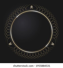 Decorative openwork round frame with gold abstract pattern on black background. Circular ornament. An elegant element for design. Vector.