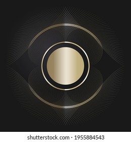 Marco redondeado decorativo de apertura con patrón oro abstracto sobre fondo negro. Ornamento circular. Un elemento elegante para el diseño. Vector.