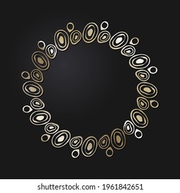 Decorative openwork round frame with gold abstract pattern on black background. Circular ornament. An elegant element for design. Vector.