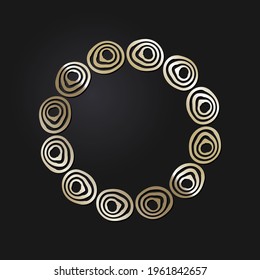Decorative openwork round frame with gold abstract pattern on black background. Circular ornament. An elegant element for design. Vector.