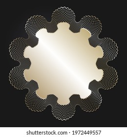 Decorative openwork round frame with gold abstract pattern on black background. Circular ornament. An elegant element for design. Vector.