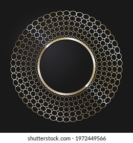 Decorative openwork round frame with gold abstract pattern on black background. Circular ornament. An elegant element for design. Vector.