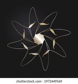 Decorative openwork round frame with gold abstract pattern on black background. Circular ornament. An elegant element for design. Vector.