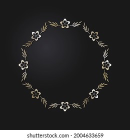 Marco redondeado decorativo de apertura con patrón oro abstracto sobre fondo negro. Ornamento circular. Un elemento elegante para el diseño. Vector.