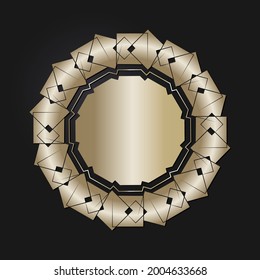 Marco redondeado decorativo de apertura con patrón oro abstracto sobre fondo negro. Ornamento circular. Un elemento elegante para el diseño. Vector.