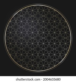 Decorative openwork round frame with gold abstract pattern on black background. Circular ornament. An elegant element for design. Vector.
