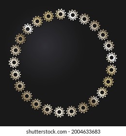 Decorative openwork round frame with gold abstract pattern on black background. Circular ornament. An elegant element for design. Vector.