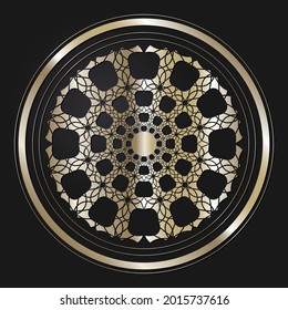 Marco redondeado decorativo de apertura con patrón oro abstracto sobre fondo negro. Ornamento circular. Un elemento elegante para el diseño. Vector.