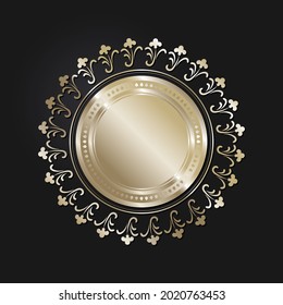 Decorative openwork round frame with gold abstract pattern on black background. Circular ornament. An elegant element for design. Vector.