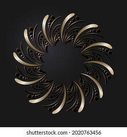 Marco redondeado decorativo de apertura con patrón oro abstracto sobre fondo negro. Ornamento circular. Un elemento elegante para el diseño. Vector.