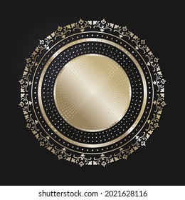 Decorative openwork round frame with gold abstract pattern on black background. Circular ornament. An elegant element for design. Vector.