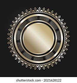 Marco redondeado decorativo de apertura con patrón oro abstracto sobre fondo negro. Ornamento circular. Un elemento elegante para el diseño. Vector.