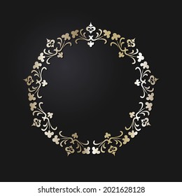 Decorative openwork round frame with gold abstract pattern on black background. Circular ornament. An elegant element for design. Vector.